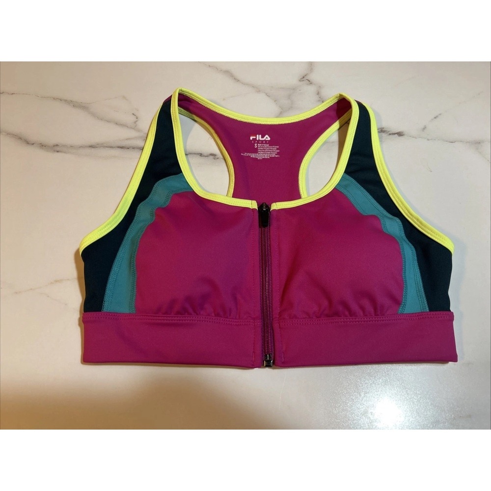 FILA Women's Sports Bra Size S HOT‎ PINK YELLOW TEAL  ZIP FRONT Racerback